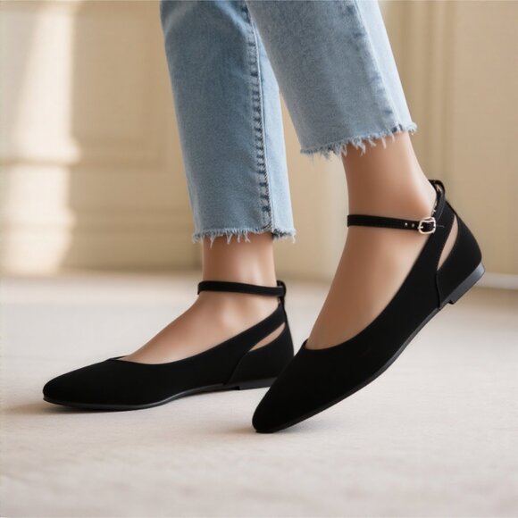 LURNYET Women's BLACK NUBUCK Casual Ankle Strap Pointed Toe Ballet Flats Shoes - Picture 1 of 5